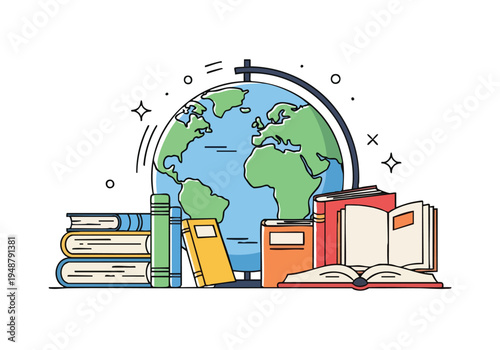 Education and knowledge concept with a globe and stacks of books, representing learning, studying, and global understanding