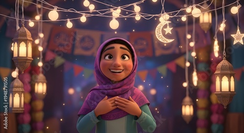 Animated girl in hijab with string lights and lanterns
