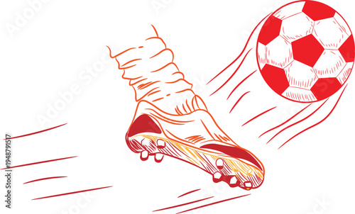 A dynamic illustration depicts a powerful soccer player's foot wearing cleats, actively kicking a red and white ball with speed.