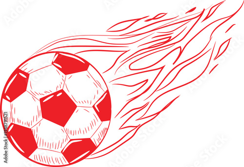 Dynamic red and white soccer ball illustration streaking rapidly, engulfed in fiery red flames, symbolizing speed, power, and intense sports action.