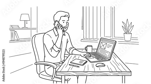 Professional in home office talking on phone, gesturing while laptop displays “FINANCIAL REPORT” with charts and graphs, desk with smartphone, notepad, plants, cityscape view, symbolizing remote work 