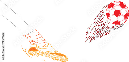 Sketch illustration depicts a powerful soccer kick sending the distinctively patterned ball streaking quickly across the white background.