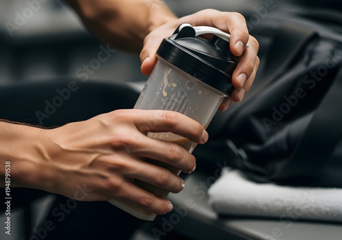 Close-up of hands mixing protein powder in a shaker bottle after a strenuous workout in a gym, symbolizing recovery, nutrition, and post-exercise replenishment for muscle building.
