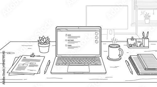 Minimalist home office setup with laptop, desk lamp, coffee mug, potted plants, ergonomic chair, shelf with books and decor, window with curtains, rug under chair, symbolizing comfort and productivity