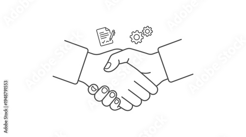 Minimalist line drawing of two hands shaking, caption “BUSINESS AGREEMENT PARTNERSHIP | TRUST | SUCCESS,” symbolizing collaboration, reliability, and professional success in corporate settings.
