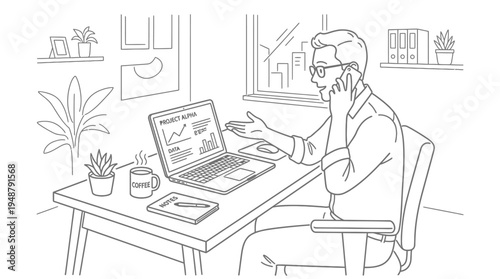 Professional in home office talking on phone, gesturing while laptop displays “FINANCIAL REPORT” with charts and graphs, desk with smartphone, notepad, plants, cityscape view, symbolizing remote work 