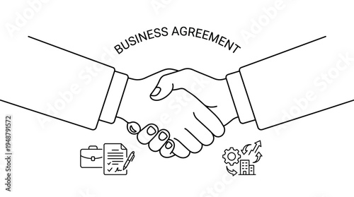 Minimalist line drawing of two hands shaking, caption “BUSINESS AGREEMENT PARTNERSHIP | TRUST | SUCCESS,” symbolizing collaboration, reliability, and professional success in corporate settings.