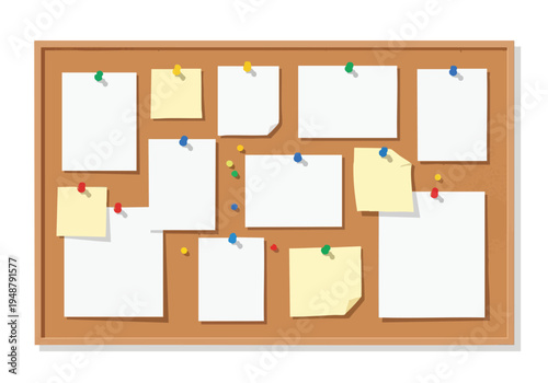 A bulletin board adorned with blank white and yellow sheets of paper, affixed with colorful thumbtacks, ready for messages and announcements