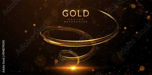 Golden spiral composed of shimmering golden light trails, fireworks, and gold confetti vibe. For holiday marketing campaigns (New Year, Christmas), wedding invitation suites, anniversary announcements