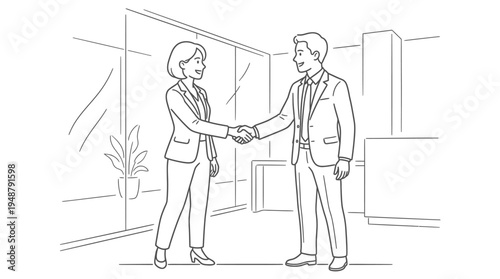 Two professionals in business attire shaking hands in office setting with desk, cabinets, potted plant, and large windows, symbolizing agreement, partnership, negotiation, and successful collaboration