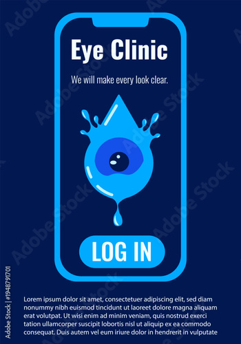 Mobile phone app design for Eye Clinic. Vector illustration smartphone screen eye and water drop and business text. EPS 10