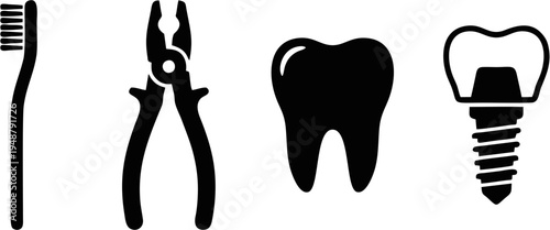 Integrated dental services icons silhouettes collection solid black vector shapes on white