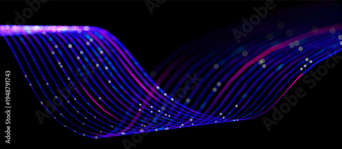 Dynamic luminous particle wave forming a digital surface, symbolizing neural networks, machine learning, data processing, virtual technology, innovation and high tech visualization vector background.