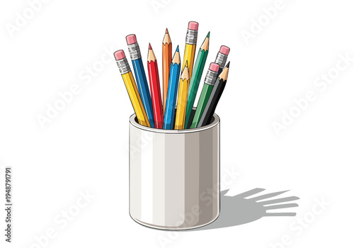 A white cylindrical cup filled with a colorful assortment of sharpened pencils casting a distinct shadow on a white background