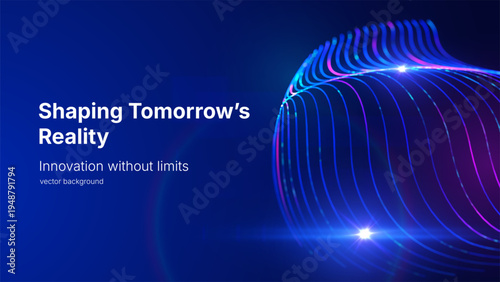 Abstract technology vector background with luminous curved lines forming dynamic structure on blue background. Concept for big data research, artificial intelligence, digital network, data processing.