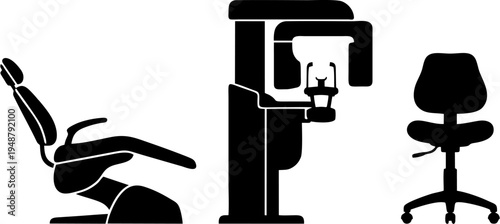 Modern dental clinic equipment silhouettes collection solid black vector shapes on white