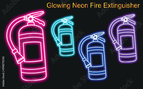 Neon fire extinguishers a vibrant glowing safety equipment illustration