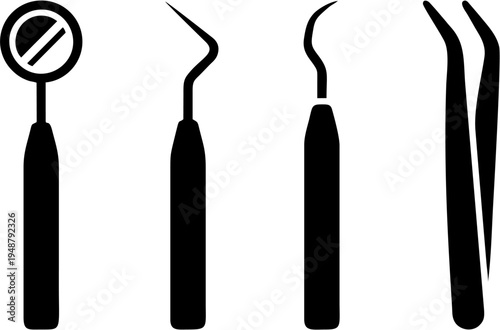Essential dental doctor instruments silhouettes collection solid black vector shapes on white