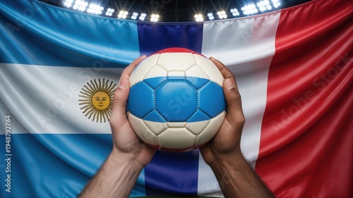 Hands holding soccer ball in front of Argentina and France flags