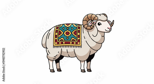 White Ram with Ornate Saddle Standing.