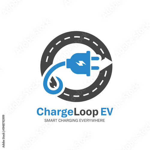 Road circle frame with blue electric plug icon for smart electric vehicle charging network and sustainable mobility solutions logo ChargeLoop EV