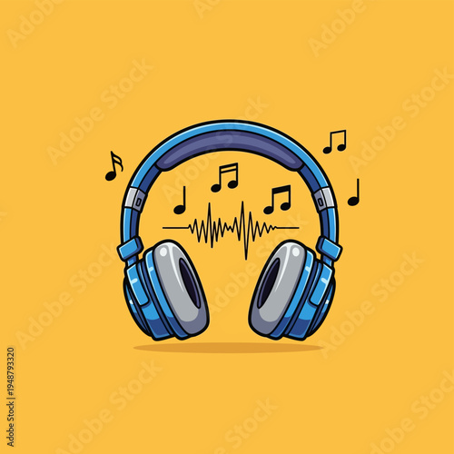 Headphones with Music Notes and Sound Wave.
