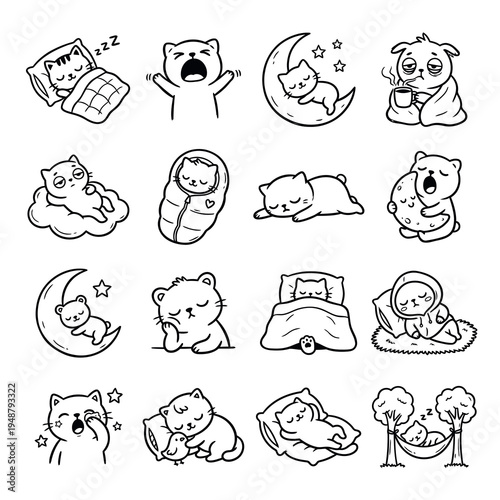 A collection of cute cartoon cat illustrations depicting various sleeping and tired poses, showcasing comfort and rest in black and white line art.