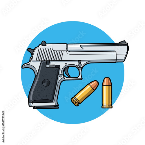 Handgun Pistol with Bullets Ammunition Weapon.