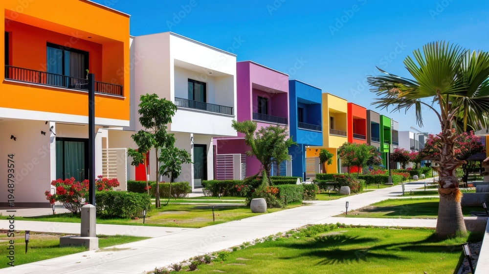 Fototapeta premium Vibrant Row of Colorful Modern Houses in Tropical Landscape with Blue Sky and Green Plants