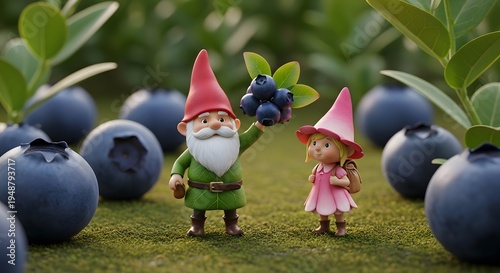 Whimsical garden gnomes in blueberry bush, toy figures in green and pink