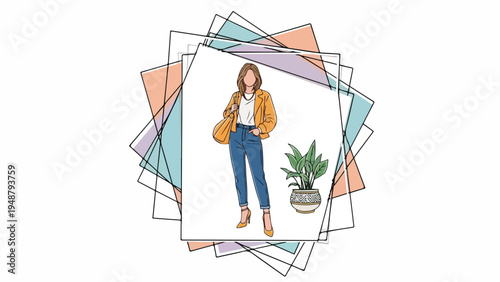 Woman Standing with Handbag and Potted Plant.
