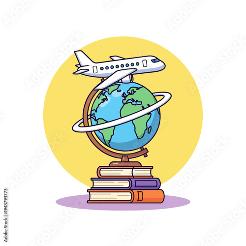 Globe with Plane and Books Illustration.