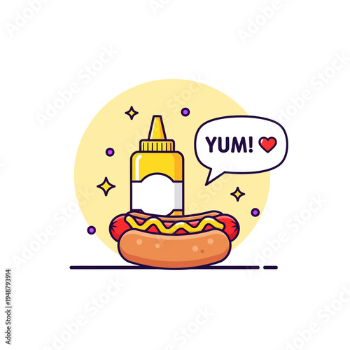 Hot Dog with Ketchup Bottle Illustration.