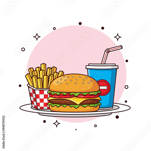 Hamburger French Fries and Soft Drink.