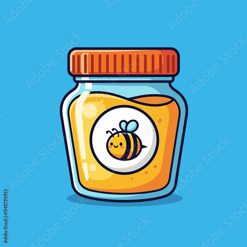Honey Jar with Bee Illustration on Label.