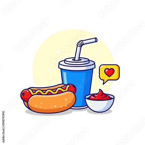Hotdog Sausage Bun Ketchup Drink Illustration.
