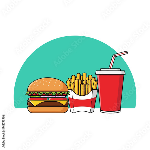 Hamburger French Fries and Soft Drink.