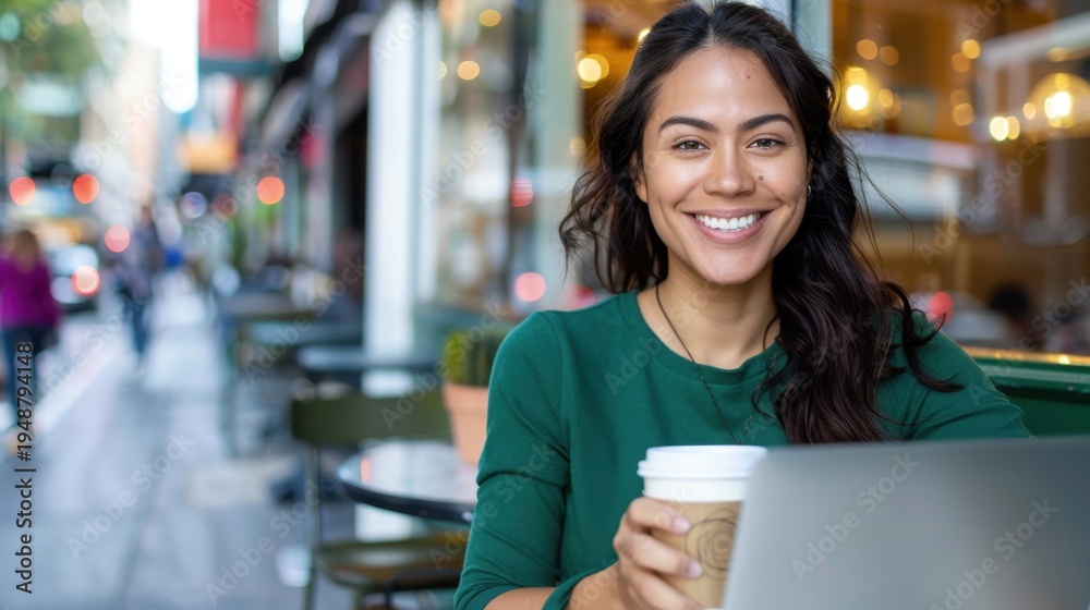 Obraz premium Happy young woman enjoying coffee and working on laptop at outdoor cafe in urban setting with vibrant atmosphere and soft sunlight
