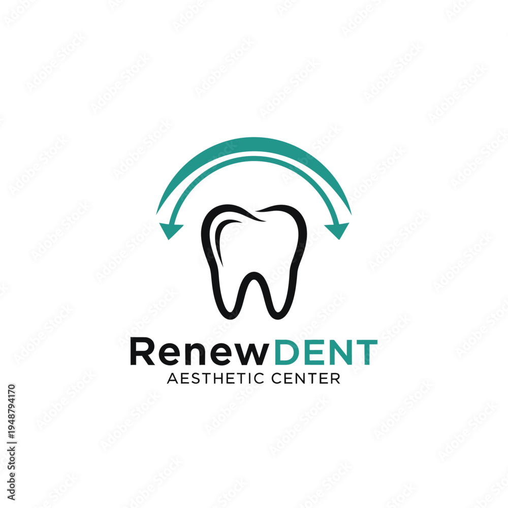 Obraz premium Minimalist tooth icon with circular arrows for dental restoration clinic or aesthetic dentistry practice branding professional logo RenewDENT