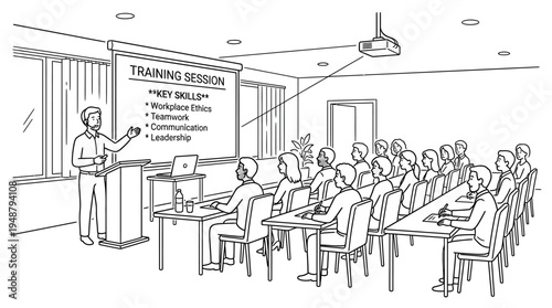 Conference room training session on effective communication, presenter at screen, audience listening and taking notes, topics include active listening, clear messages, non-verbal cues, workplace devel
