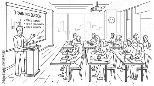 Conference room training session on effective communication, presenter at screen, audience listening and taking notes, topics include active listening, clear messages, non-verbal cues, workplace devel