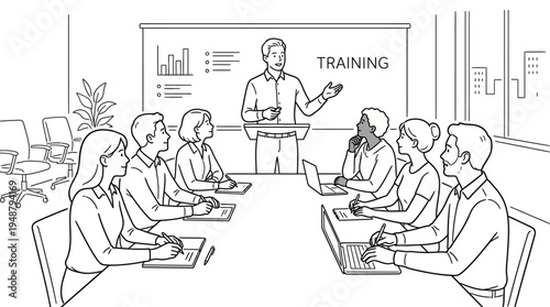 Conference room training session on effective communication, presenter at screen, audience listening and taking notes, topics include active listening, clear messages, non-verbal cues, workplace devel