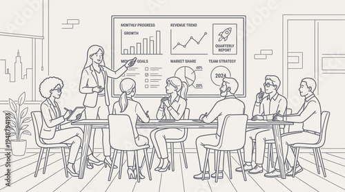 Conference room presentation with three professionals, laptops on table, presenter pointing to growth chart labeled “BUSINESS SUCCESS EMPLOYEE PERFORMANCE” from 2015–2021, symbolizing progress and str