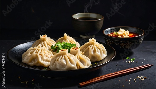 Steamed dumplings on a plate with chopsticks and dipping sauce