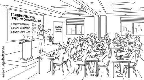 Conference room training session on effective communication, presenter at screen, audience listening and taking notes, topics include active listening, clear messages, non-verbal cues, workplace devel