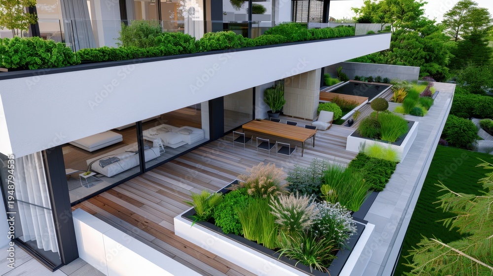 Obraz premium Modern outdoor terrace with lush greenery, stylish furniture, and contemporary design for relaxing and entertaining spaces