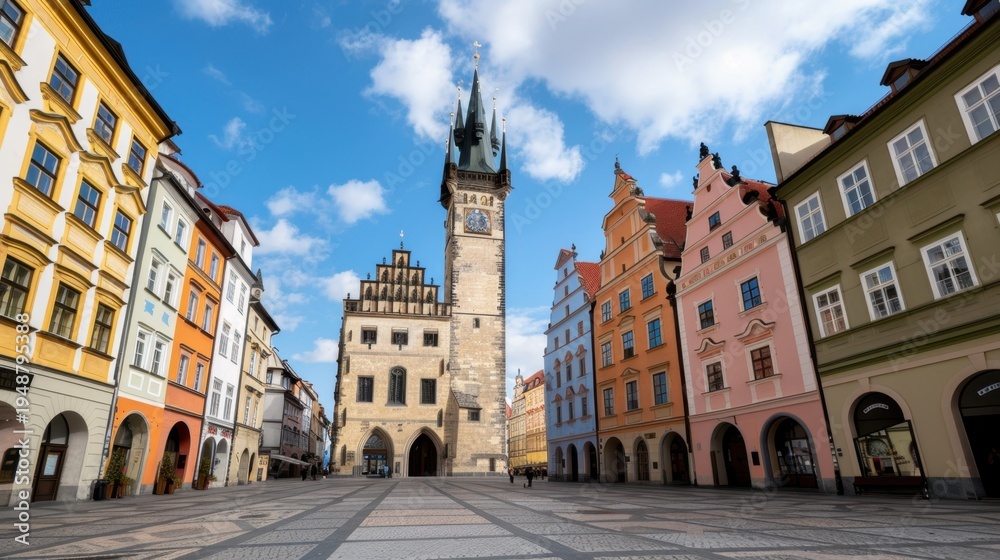 Obraz premium Stunning historical square in Czech Republic featuring medieval architecture and vibrant colored buildings under a blue sky