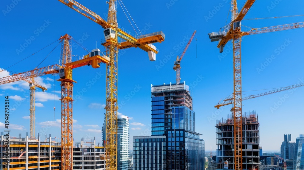 Fototapeta premium Construction cranes lifting materials on modern building site against clear blue sky in urban landscape