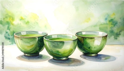 Three green glass bowls on a table