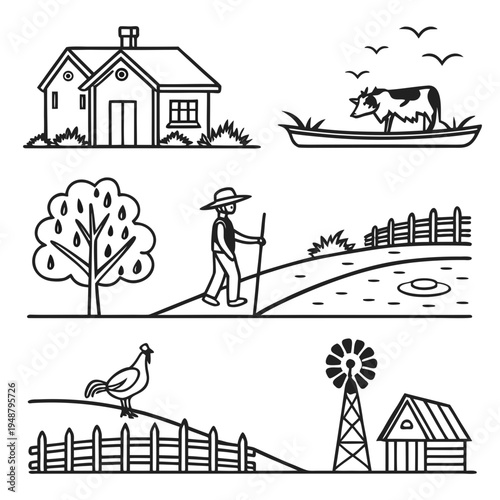 Set of 6 farm icons vector, rural landscape illustrations